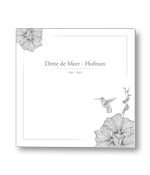 Rouwkaart met bloemen en kolibrie in hoeken