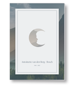 Rouwkaart met een silhouet van een maan, met als achtergrond gebergte