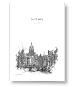 Rouwkaart met schets van de basiliek van St. Nicolaas in Amsterdam