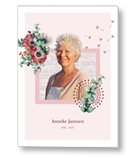 Rouwkaart met foto in roze kader en bloemen