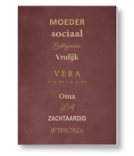 Rouwkaart met typografische weergave van eigenschappen