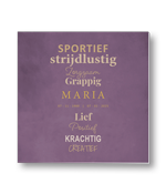 Rouwkaart met typografische weergave van eigenschappen
