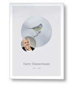 Rouwkaart met koolmees en portret in cirkel