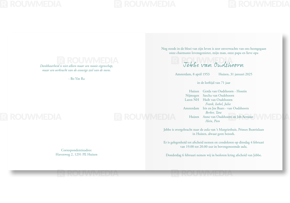 Rouwkaart Rouwkaart met langwerpig portret en balk - binnenkant