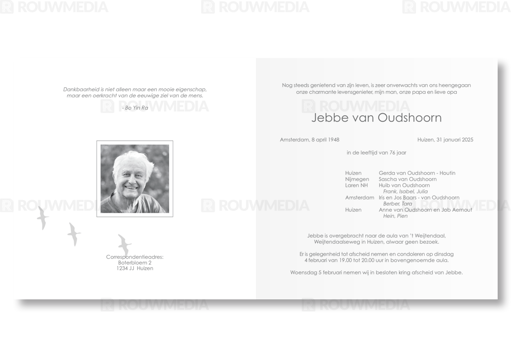 Rouwkaart Rouwkaart met boom en vliegende vogels - binnenkant