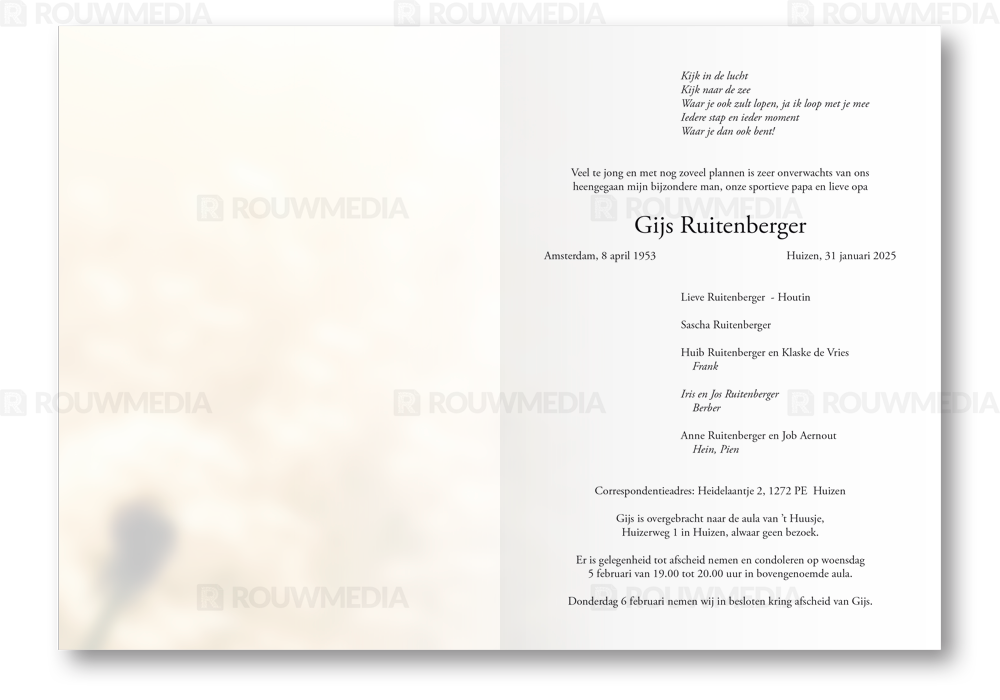 Rouwkaart Rouwkaart met paardenbloem in de wind - binnenkant