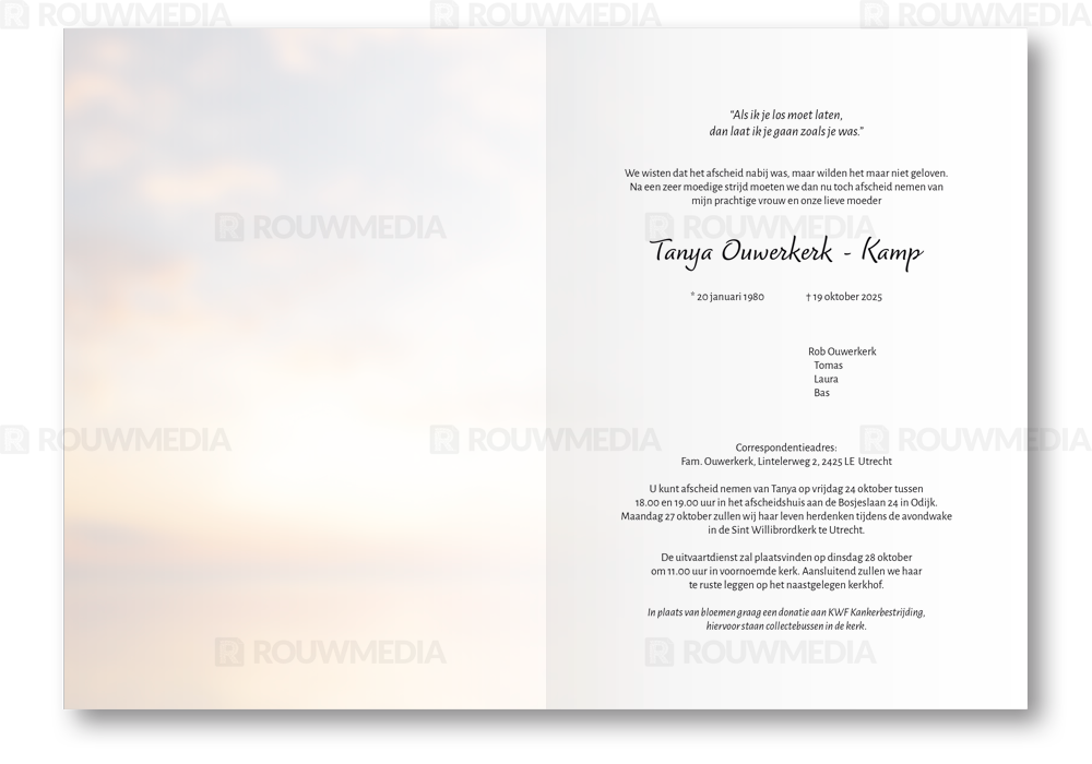 Rouwkaart Rouwkaart met zonsondergang en vogels - binnenkant