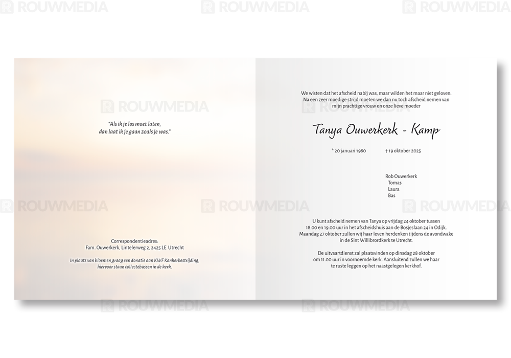 Rouwkaart Rouwkaart met zonsondergang en vogels - binnenkant