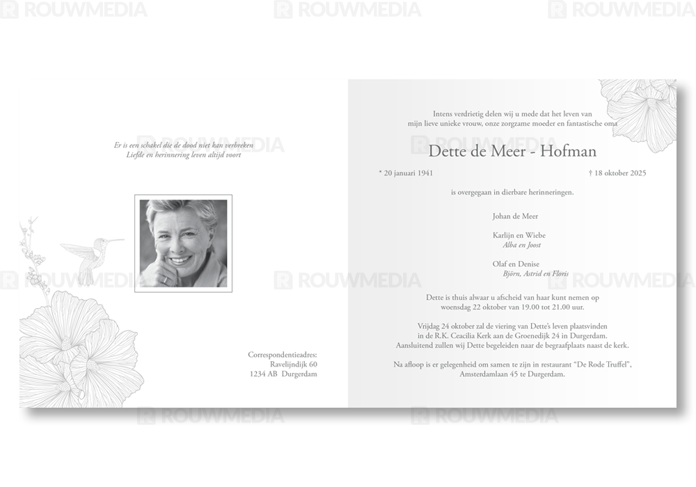 Rouwkaart Rouwkaart met bloemen en kolibrie in hoeken - binnenkant