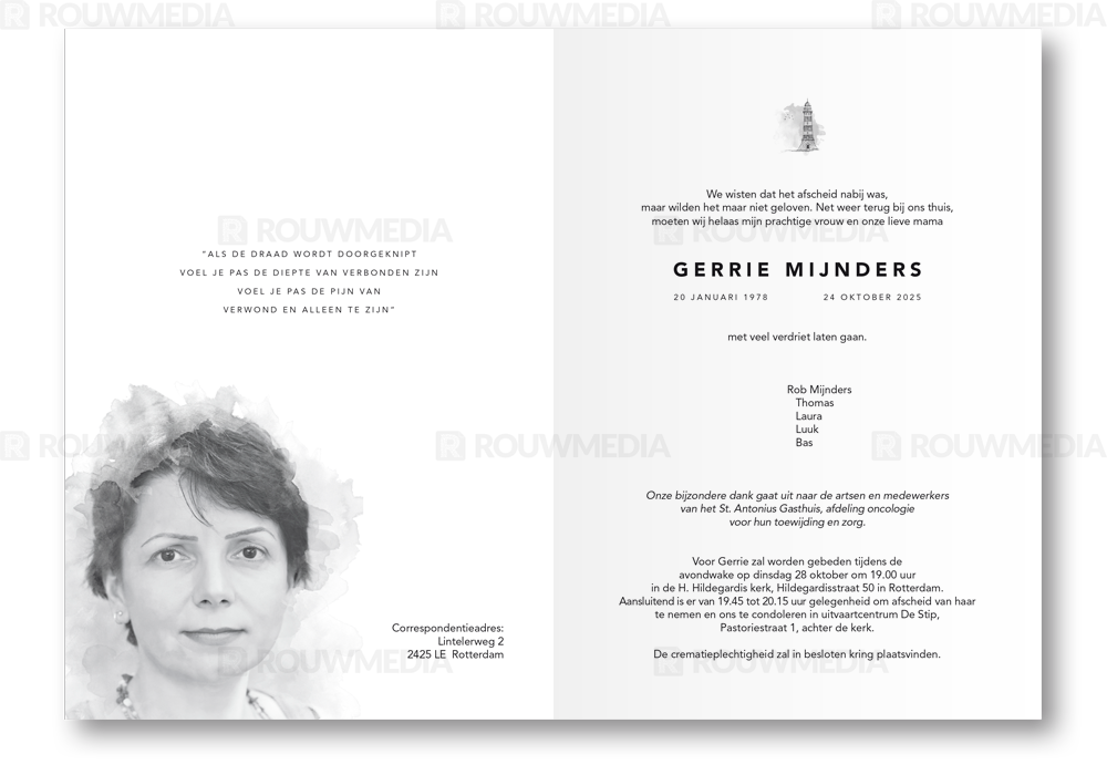 Rouwkaart Rouwkaart met schildering van een vuurtoren - binnenkant