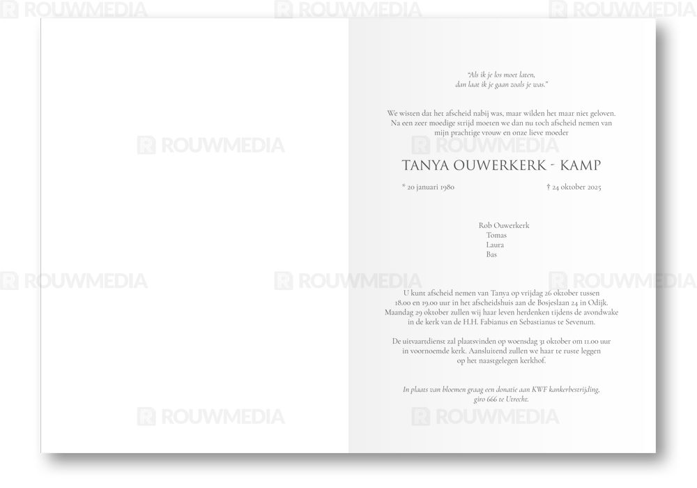 Rouwkaart Rouwkaart met specht in de boom en portret - binnenkant