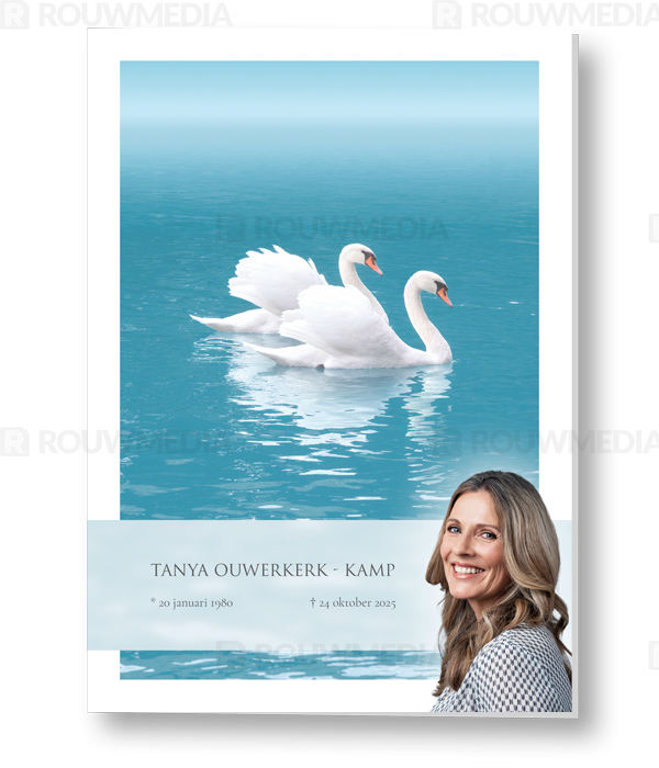 Rouwkaart Rouwkaart met zwanen op het water en portret - voorkant