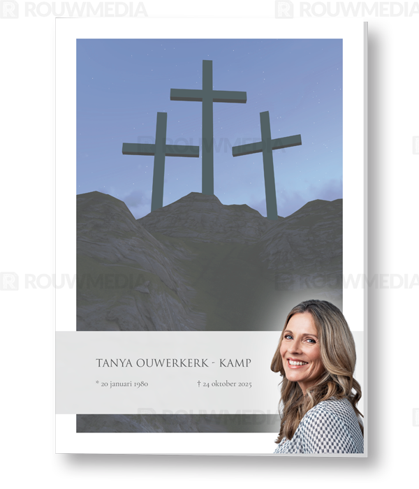 Rouwkaart Rouwkaart met kruizen op de berg en portret - voorkant