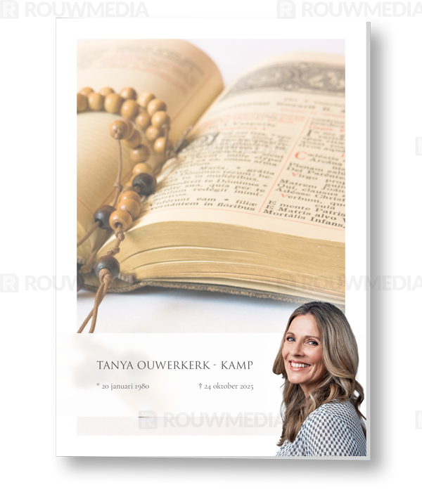 Rouwkaart Rouwkaart met bijbel en rozenkrans en portret - voorkant