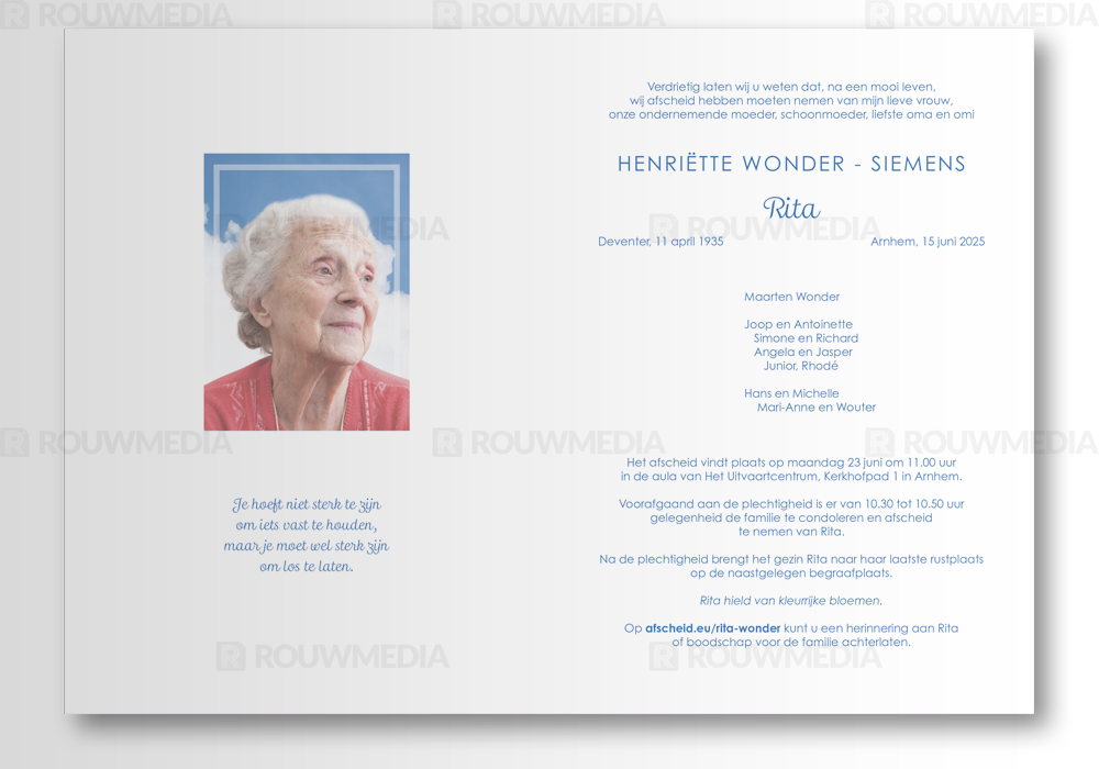 Rouwkaart Rouwkaart met witte duif in lucht - binnenkant