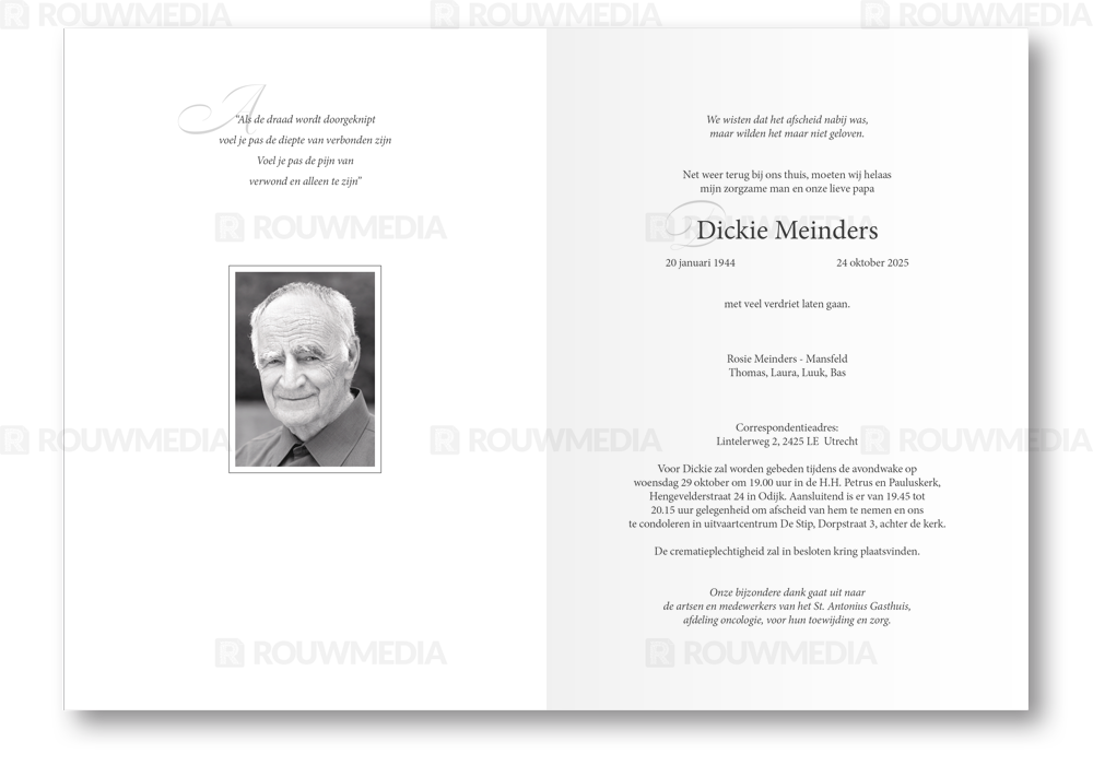 Rouwkaart Rouwkaart met portret en naam op voorkant - binnenkant