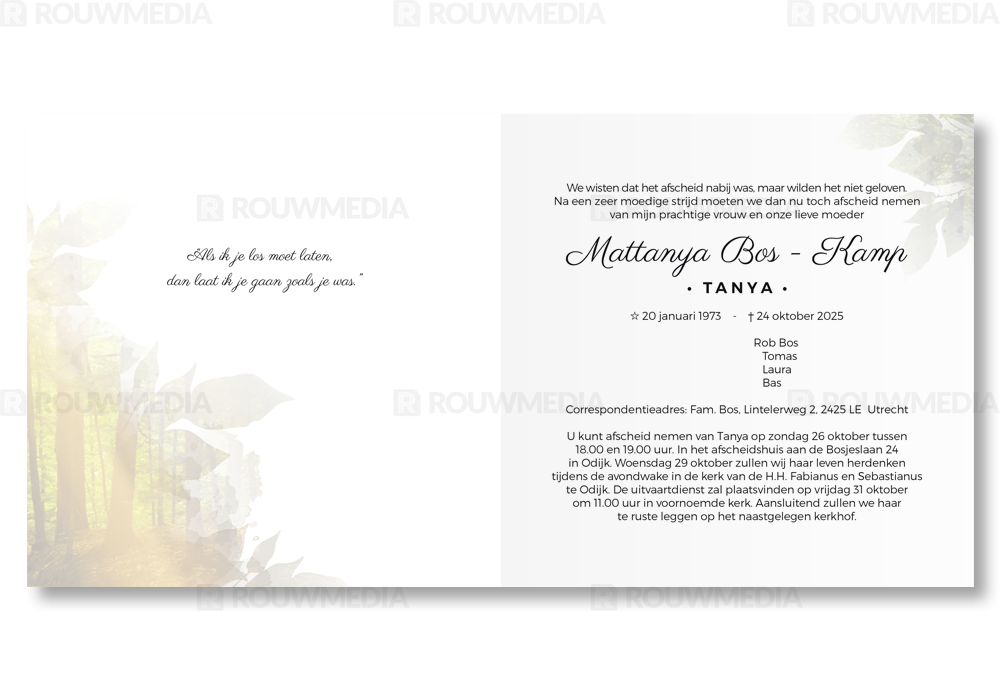 Rouwkaart Rouwkaart met portret in bladeren silhouette - binnenkant