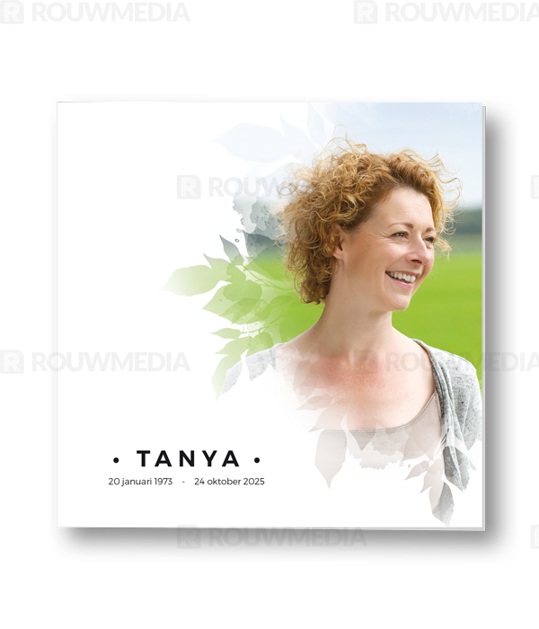 Rouwkaart Rouwkaart met portret in bladeren silhouette - voorkant