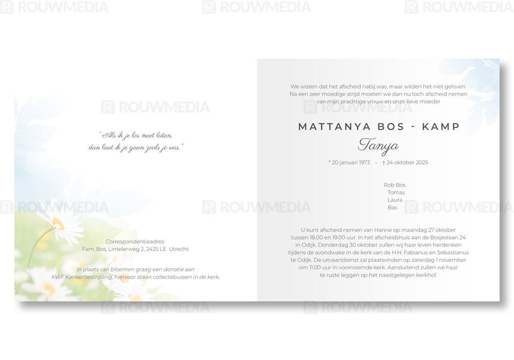 Rouwkaart Rouwkaart met portret in bladeren silhouette - binnenkant