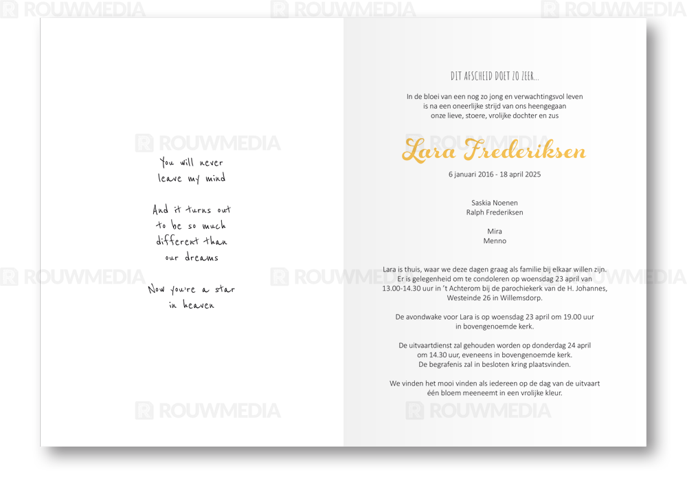 Rouwkaart Rouwkaart met portret in vlinder silhouette - binnenkant