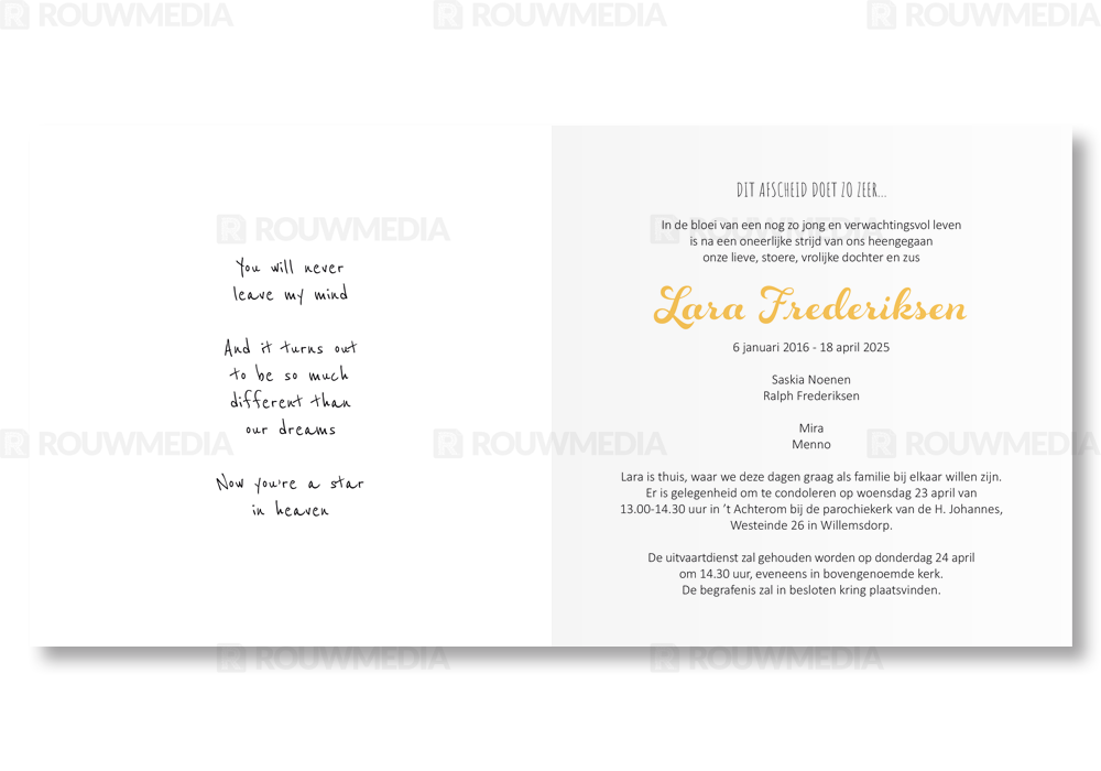 Rouwkaart Rouwkaart met portret in vlinder silhouette - binnenkant