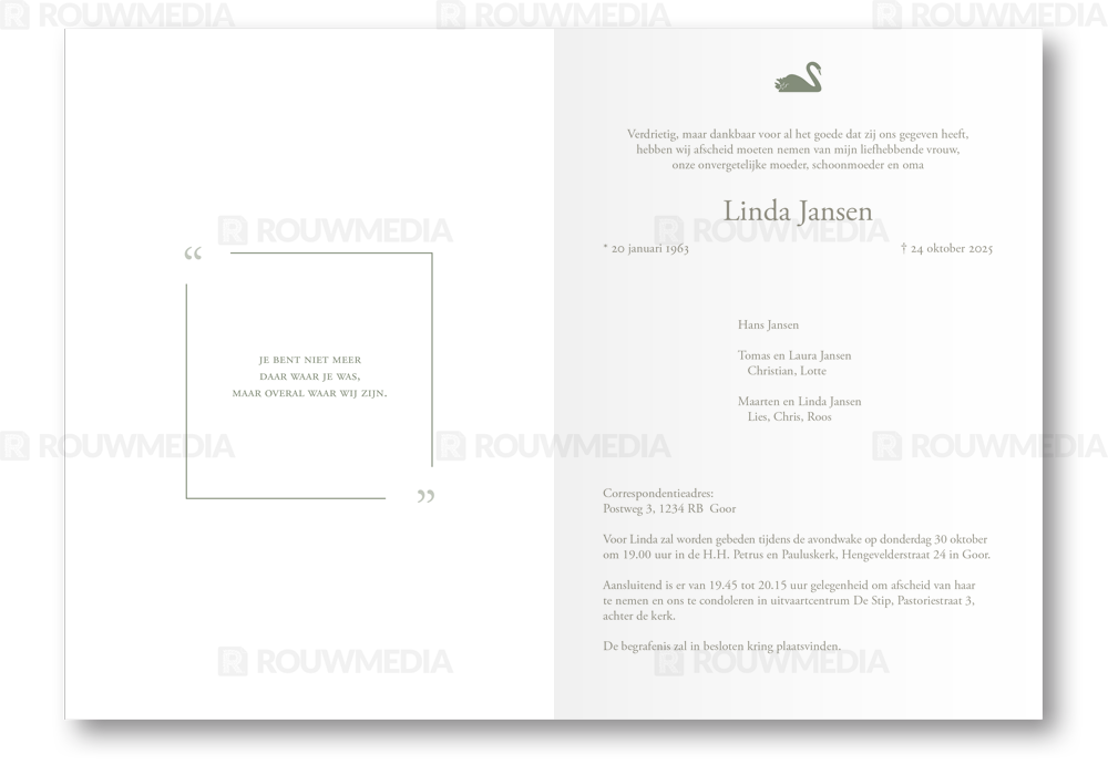 Rouwkaart Rouwkaart met dun kader en zwaan - binnenkant