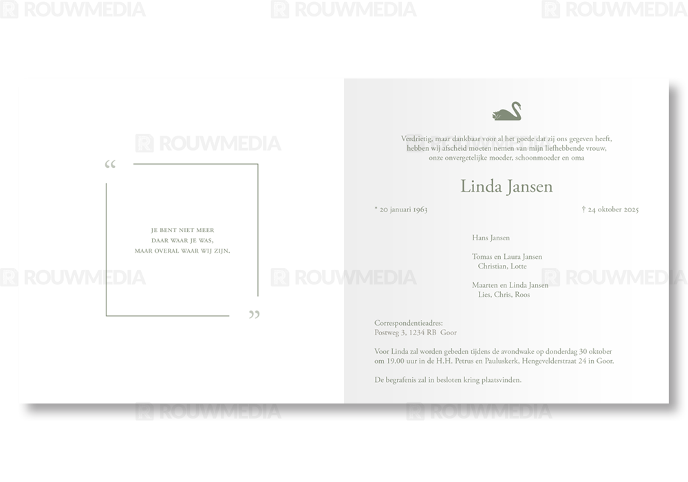 Rouwkaart Rouwkaart met dun kader en zwaan - binnenkant