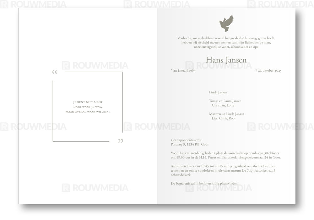 Rouwkaart Rouwkaart met dun kader en duif - binnenkant