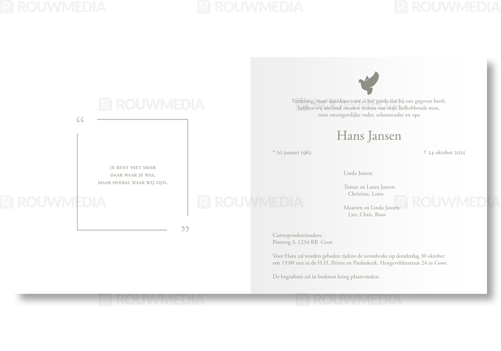 Rouwkaart Rouwkaart met dun kader en duif - binnenkant