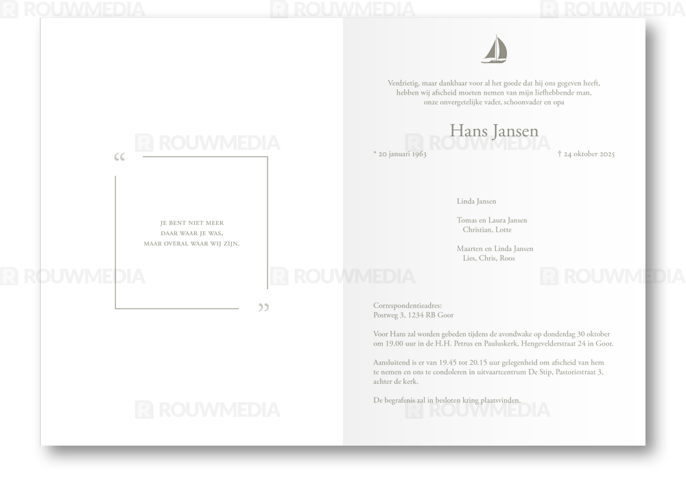 Rouwkaart Rouwkaart met dun kader en zeilboot - binnenkant