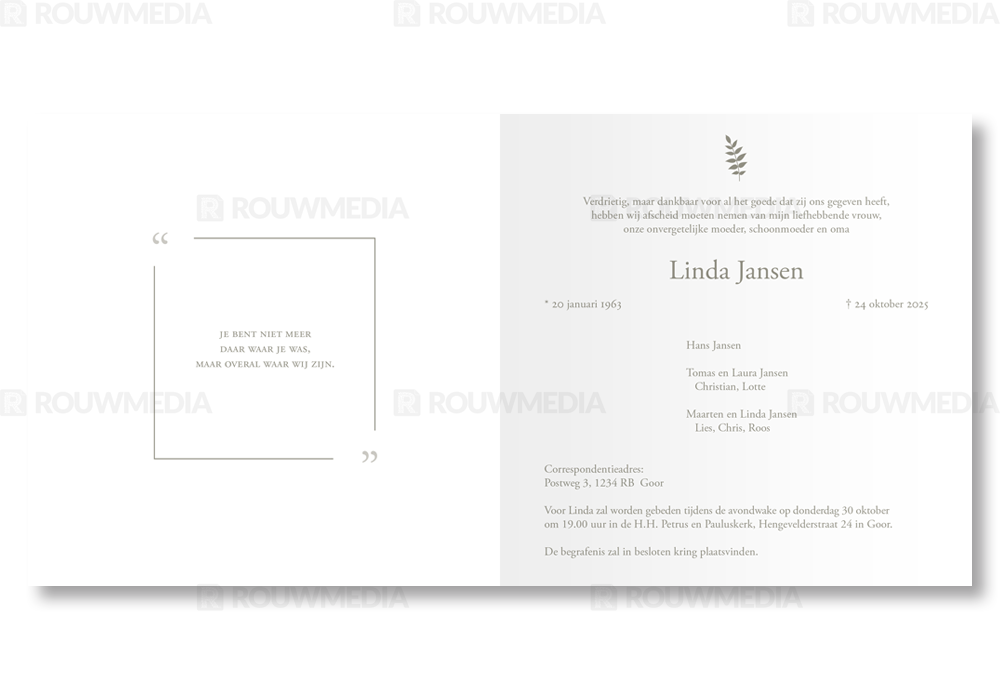 Rouwkaart Rouwkaart met dun kader en tak - binnenkant