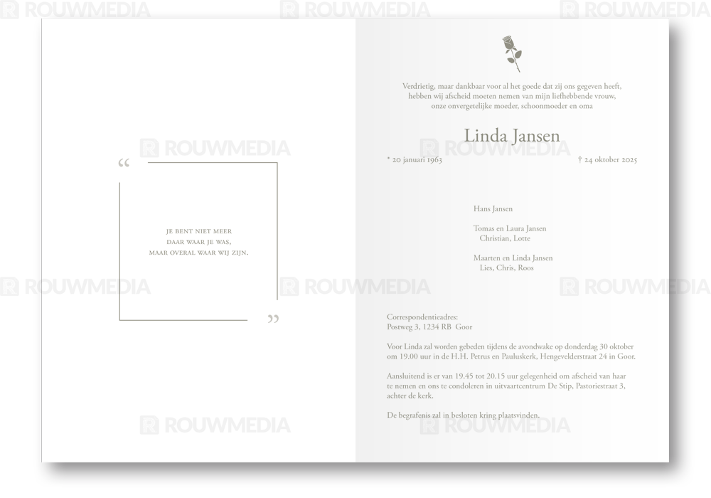 Rouwkaart Rouwkaart met dun kader en roos - binnenkant