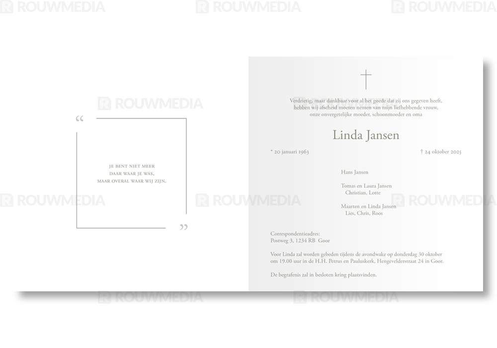 Rouwkaart Rouwkaart met dun kader en kruis - binnenkant