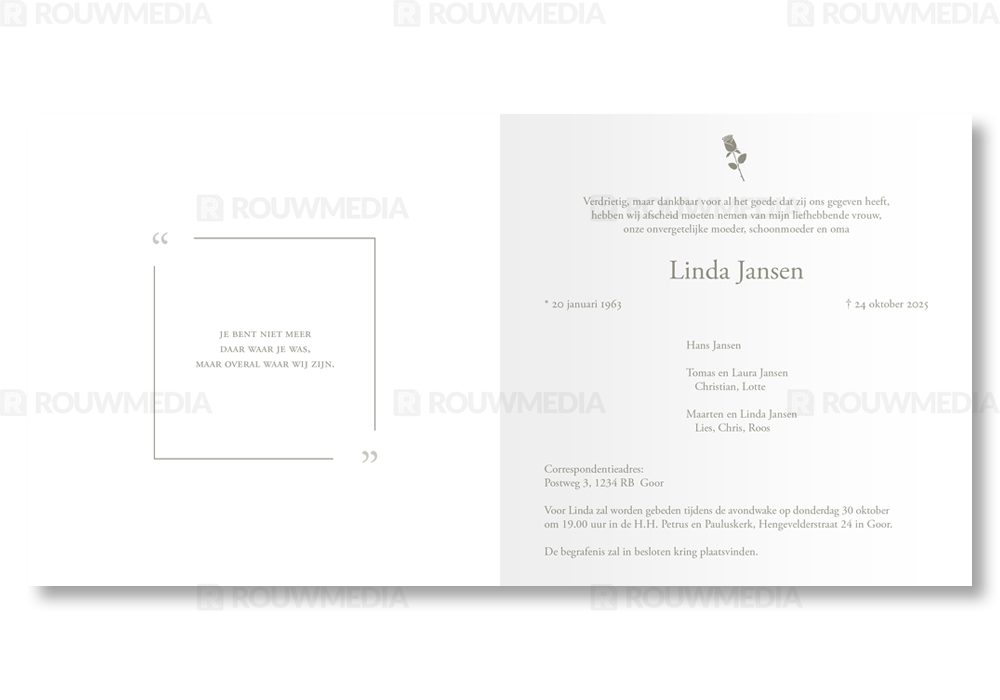 Rouwkaart Rouwkaart met dun kader en roos - binnenkant