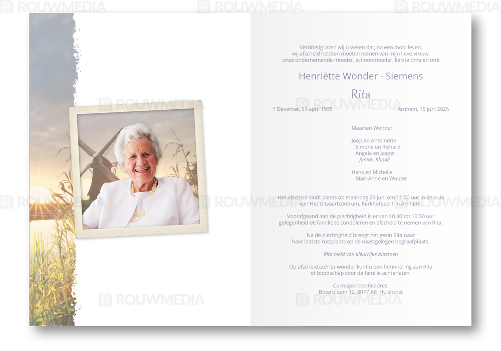 Rouwkaart Rouwkaart met molen aan het water met zonsondergang - binnenkant