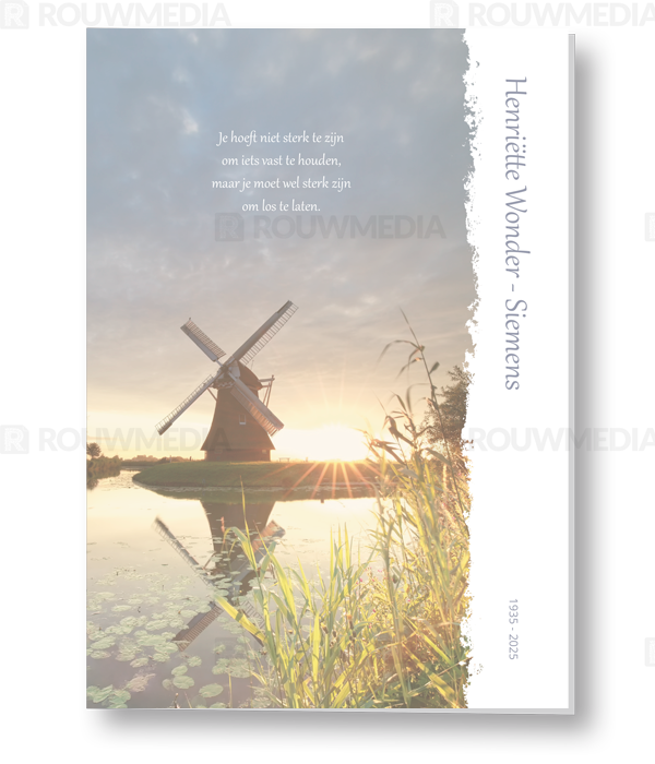 Rouwkaart Rouwkaart met molen aan het water met zonsondergang - voorkant
