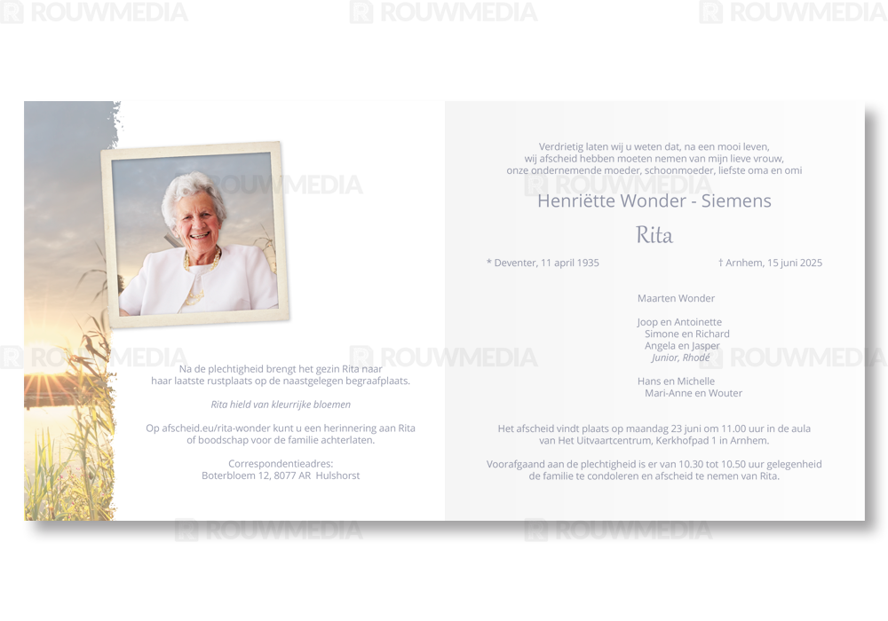 Rouwkaart Rouwkaart met molen aan het water met zonsondergang - binnenkant