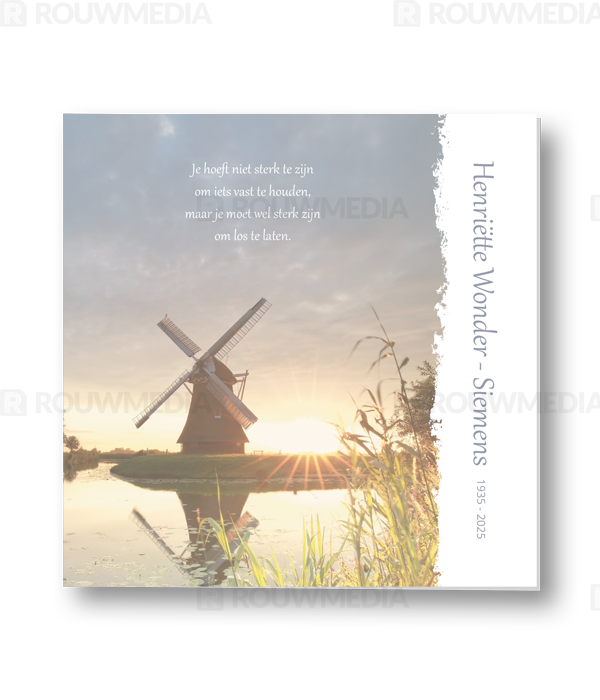 Rouwkaart Rouwkaart met molen aan het water met zonsondergang - voorkant