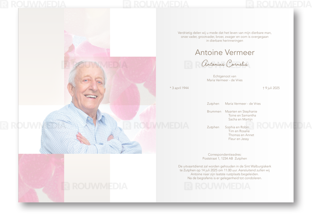 Rouwkaart Rouwkaart met portretfoto, bloemen en gedicht - binnenkant