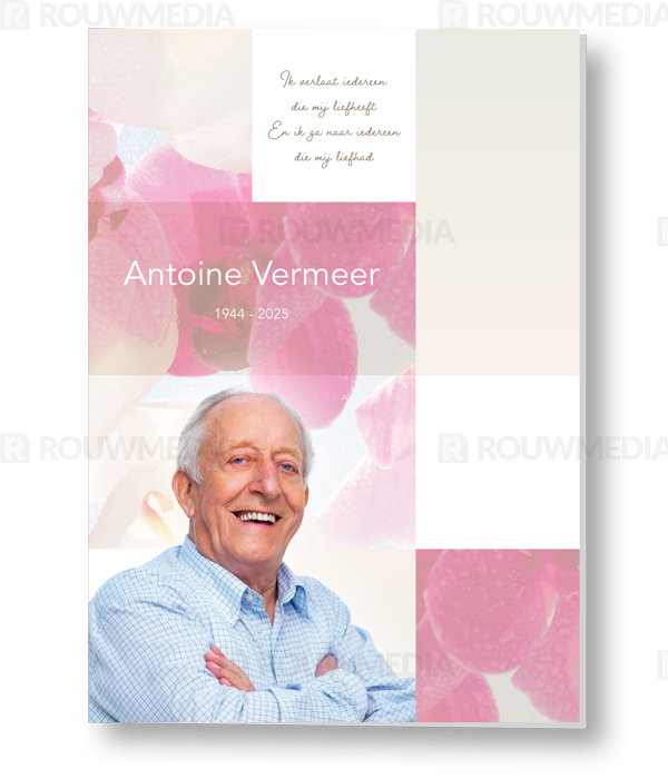 Rouwkaart Rouwkaart met portretfoto, bloemen en gedicht - voorkant