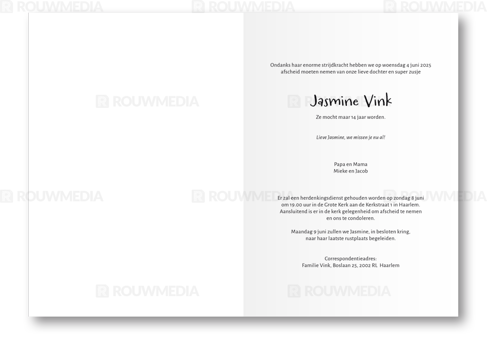 Rouwkaart Rouwkaart met portretfoto omgeven door zwarte kaders - binnenkant