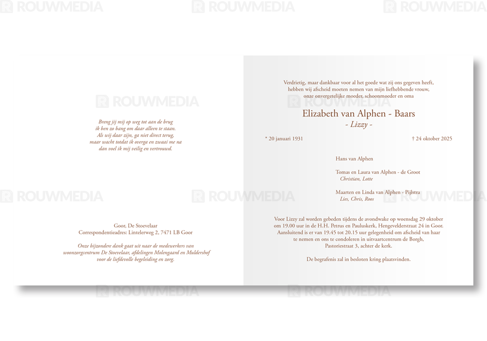 Rouwkaart Rouwkaart met bankje in het bos en balk - binnenkant