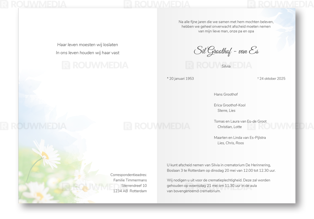 Rouwkaart Rouwkaart met portret in bladeren silhouette - binnenkant